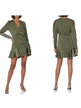 Steve Madden khaki olive green satin effect ruffle BB DAKOTA NYLA DRESS NWT